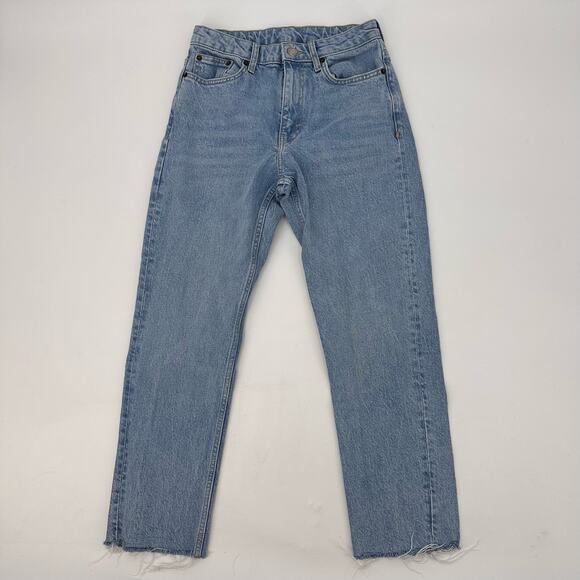 Topshop Light Wash Denim Raw Hem Straight Leg Jeans Womens Size 26/32 Mid Rise - Picture 5 of 9